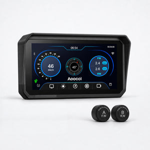 Zwart motorscherm met blauwe dashboardweergave en twee TPMS-sensoren rechts