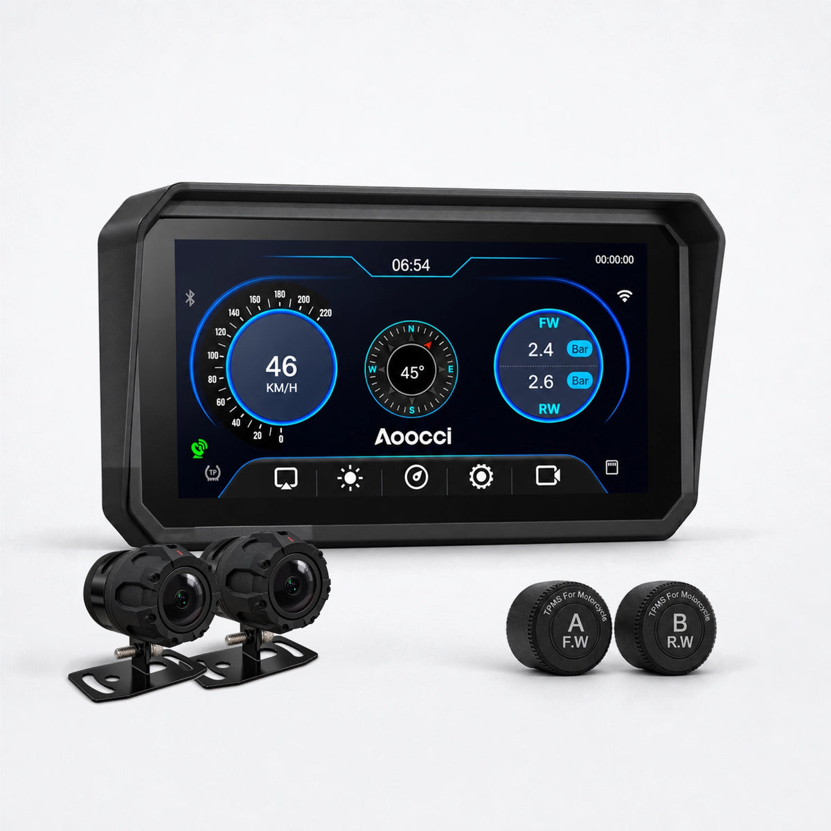 Zwart motorscherm met blauwe rij-dashboardweergave, plus twee kleine camera’s en TPMS-knoppen