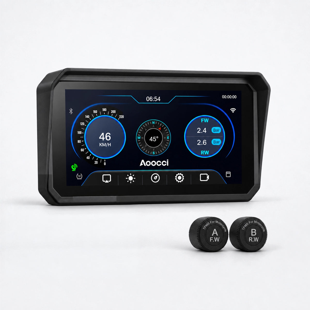 Zwart motorscherm met blauwe dashboardweergave en twee TPMS-sensoren rechts