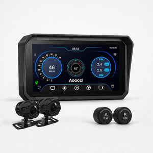 Zwart motorscherm met blauwe rij-dashboardweergave, plus twee kleine camera’s en TPMS-knoppen