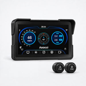 Zwart motorscherm met blauwe dashboardweergave en twee TPMS-sensoren in beeld
