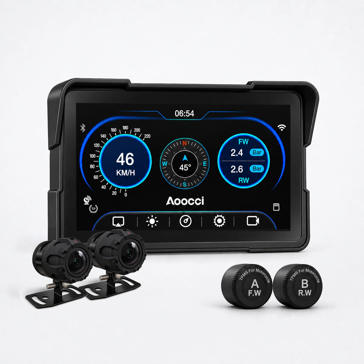 Zwart motorscherm met blauwe meters, twee zwarte camera’s links en twee TPMS-sensoren