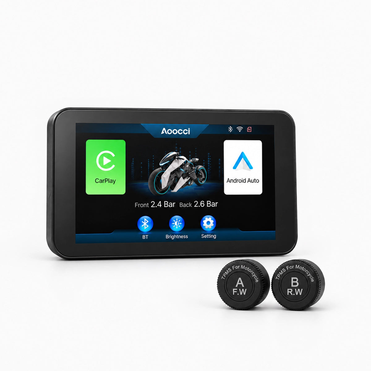 5-inch CarPlay/Android Auto scherm met TPMS-sensoren A en B op de voorgrond