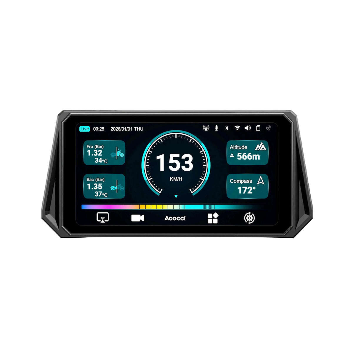 Zwarte motorfietsdisplay met snelheidsmeter en hoogte- en kompasindicator