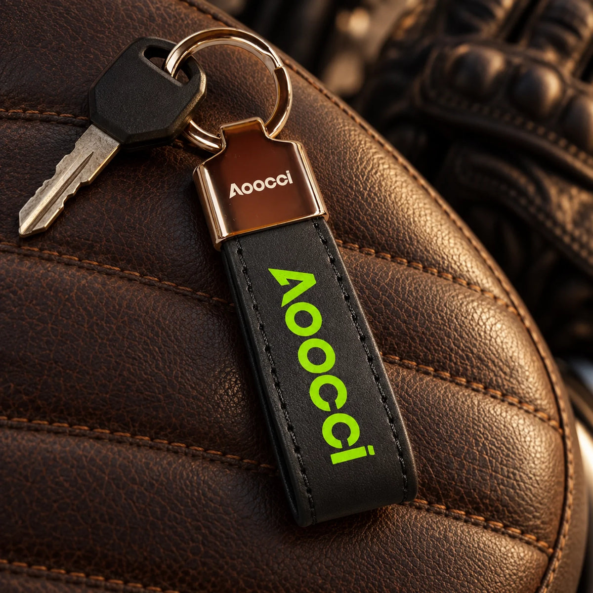 AOOCCI-sleutelhanger met zwarte lus, metalen ring en groene opdruk.