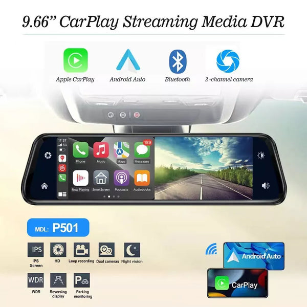 P501 10" Split-Screen 2K 2-kanaals Dash Cam FM Draadloze CarPlay