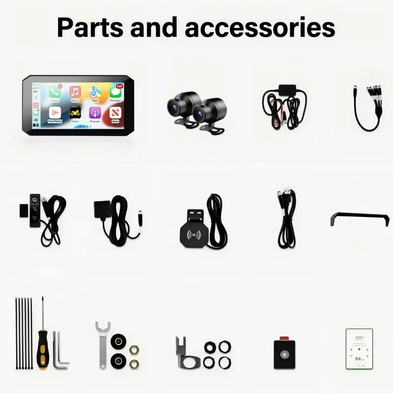 Accessoireset voor auto-dashboard: scherm, dubbele camera’s, kabels en TPMS-sensoren