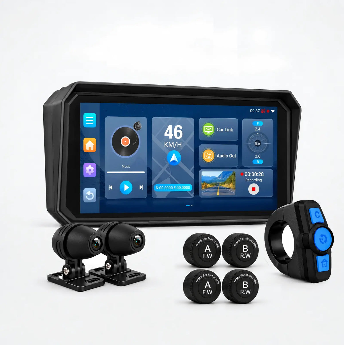 Motor-navigatie met dual dashcams en vier TPMS-sensoren, incl. stuurbediening