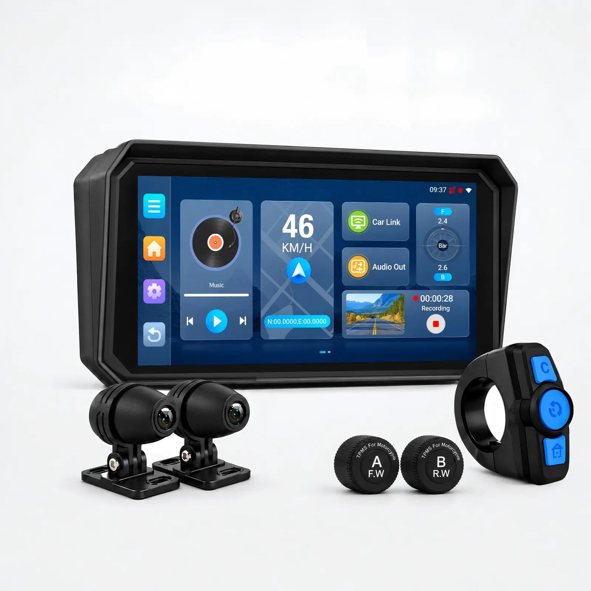 Motor-navigatie met touchscreen, dual dashcams en twee TPMS-sensoren